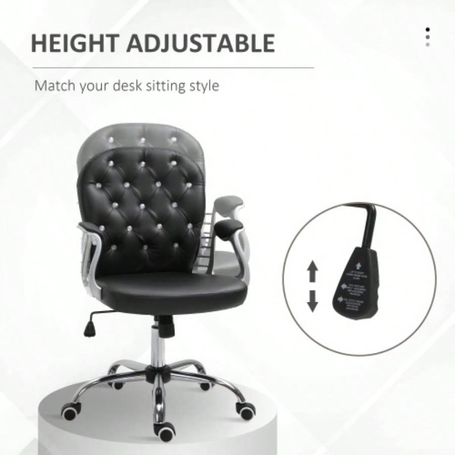 Vinsetto PU Leather Home Office Chair, Button Tufted Desk Chair with Padded Armrests, Adjustable Height and Swivel Wheels, Black
