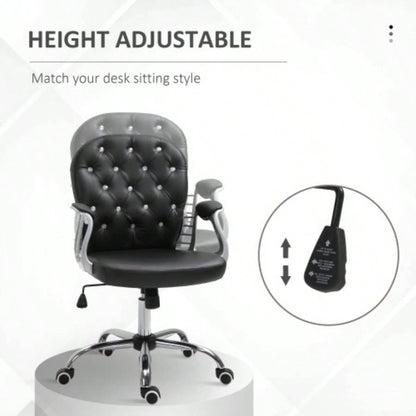 Vinsetto PU Leather Home Office Chair, Button Tufted Desk Chair with Padded Armrests, Adjustable Height and Swivel Wheels, Black