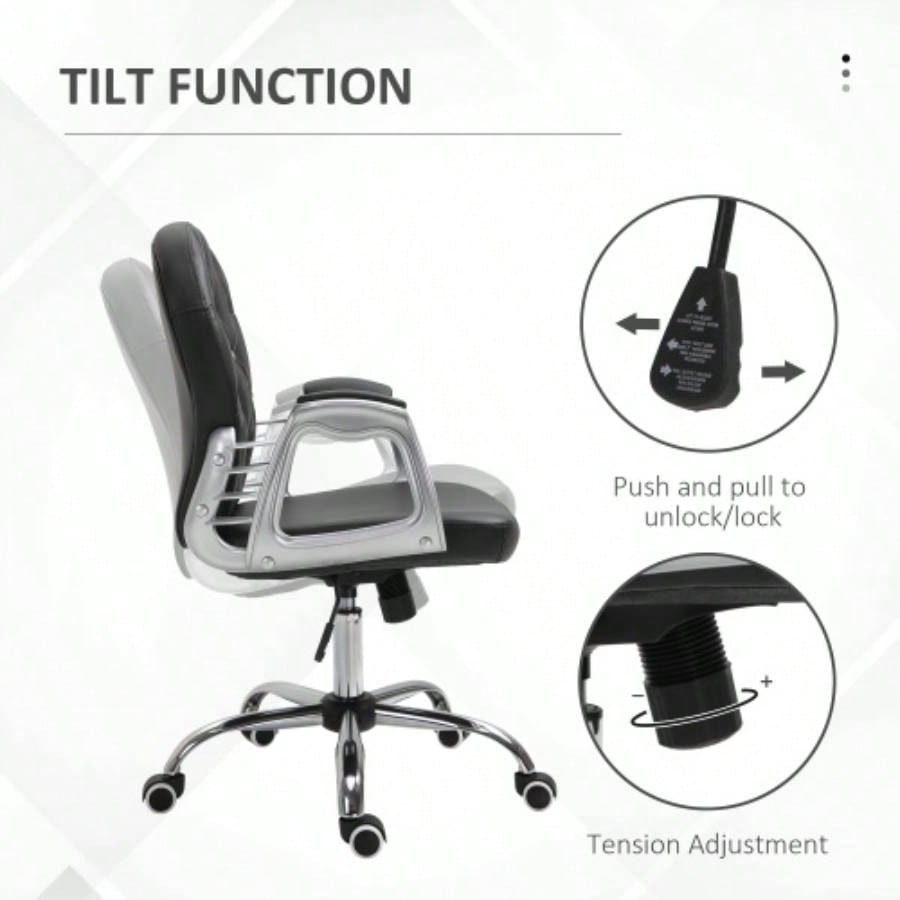 Vinsetto PU Leather Home Office Chair, Button Tufted Desk Chair with Padded Armrests, Adjustable Height and Swivel Wheels, Black