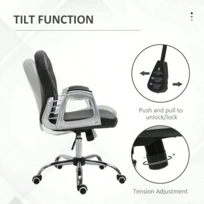 Vinsetto PU Leather Home Office Chair, Button Tufted Desk Chair with Padded Armrests, Adjustable Height and Swivel Wheels, Black