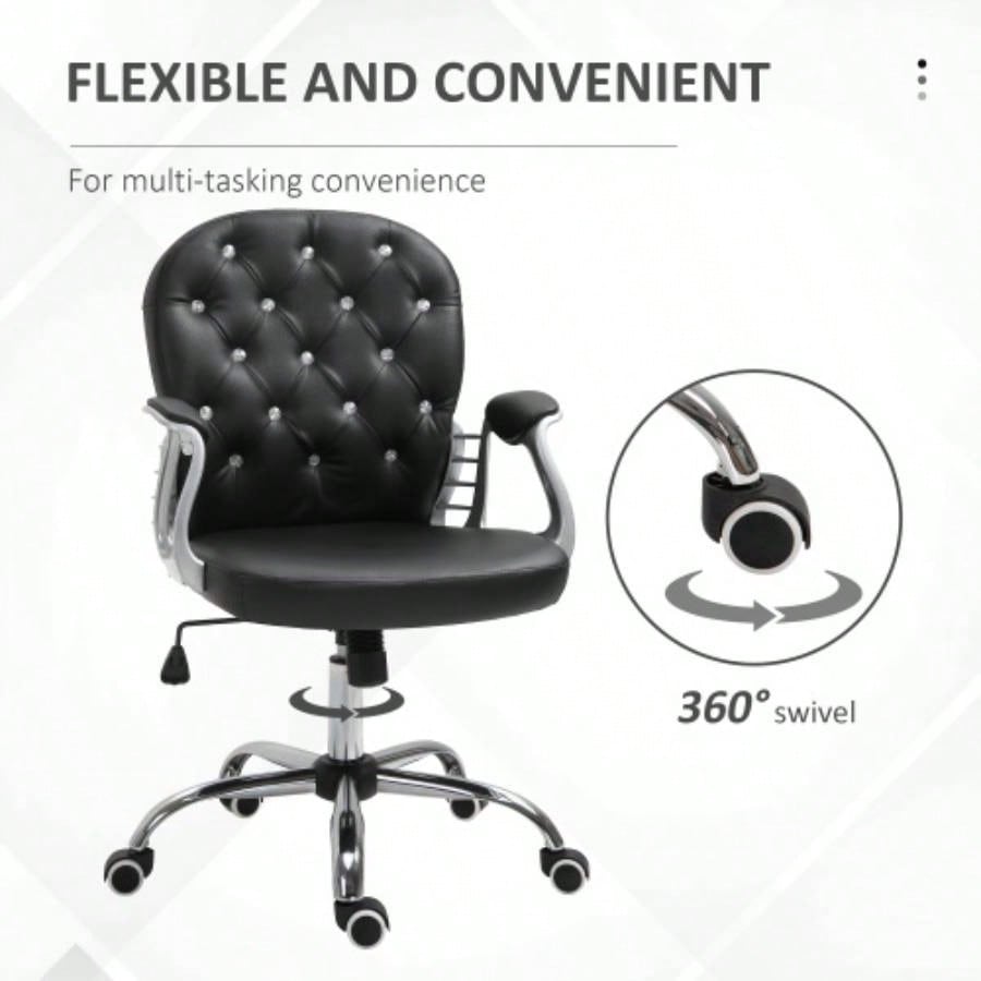 Vinsetto PU Leather Home Office Chair, Button Tufted Desk Chair with Padded Armrests, Adjustable Height and Swivel Wheels, Black
