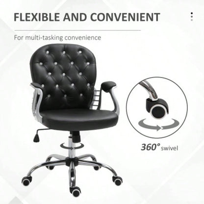 Vinsetto PU Leather Home Office Chair, Button Tufted Desk Chair with Padded Armrests, Adjustable Height and Swivel Wheels, Black