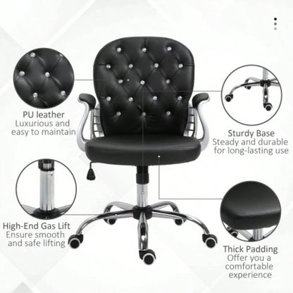 Vinsetto PU Leather Home Office Chair, Button Tufted Desk Chair with Padded Armrests, Adjustable Height and Swivel Wheels, Black
