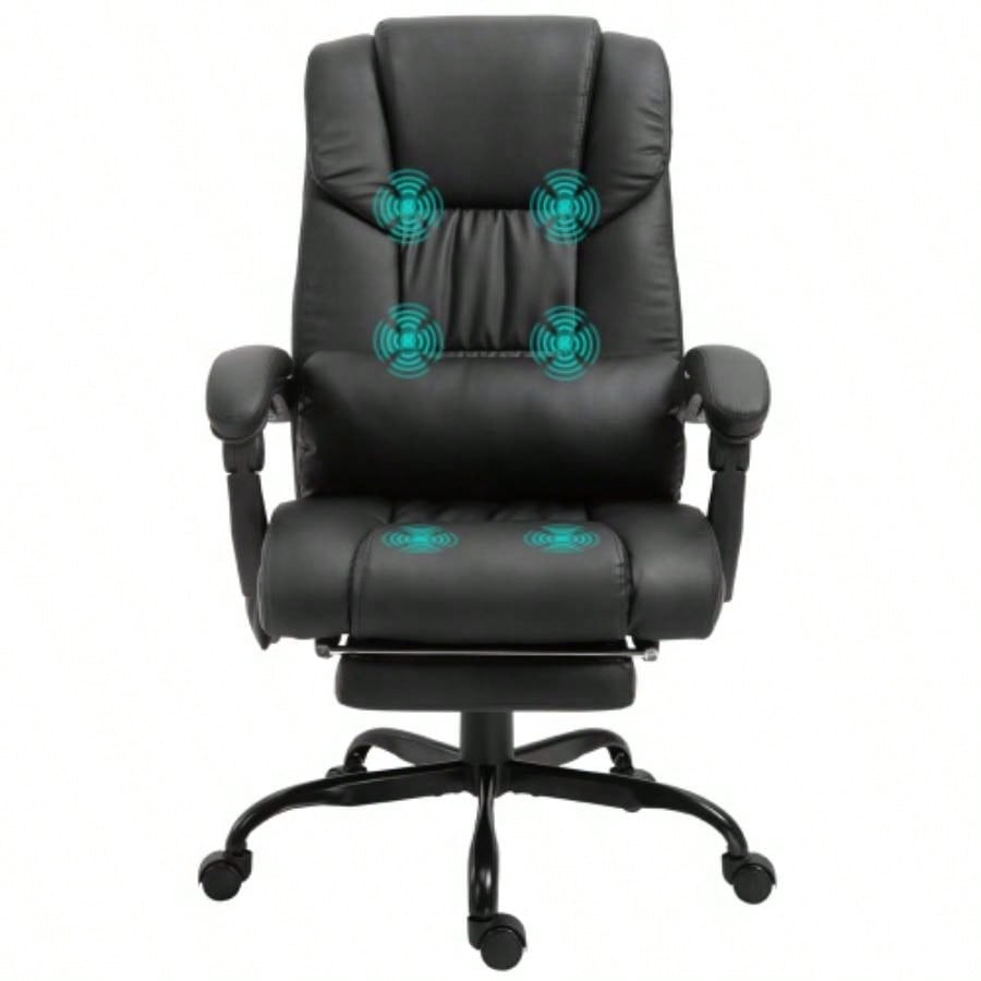 Vinsetto High Back Massage Office Chair with 6 Vibration Points, PU Leather Reclining Computer Chair, Ergonomic Office Chair with Footrest Adjustable Height and Remote, Black