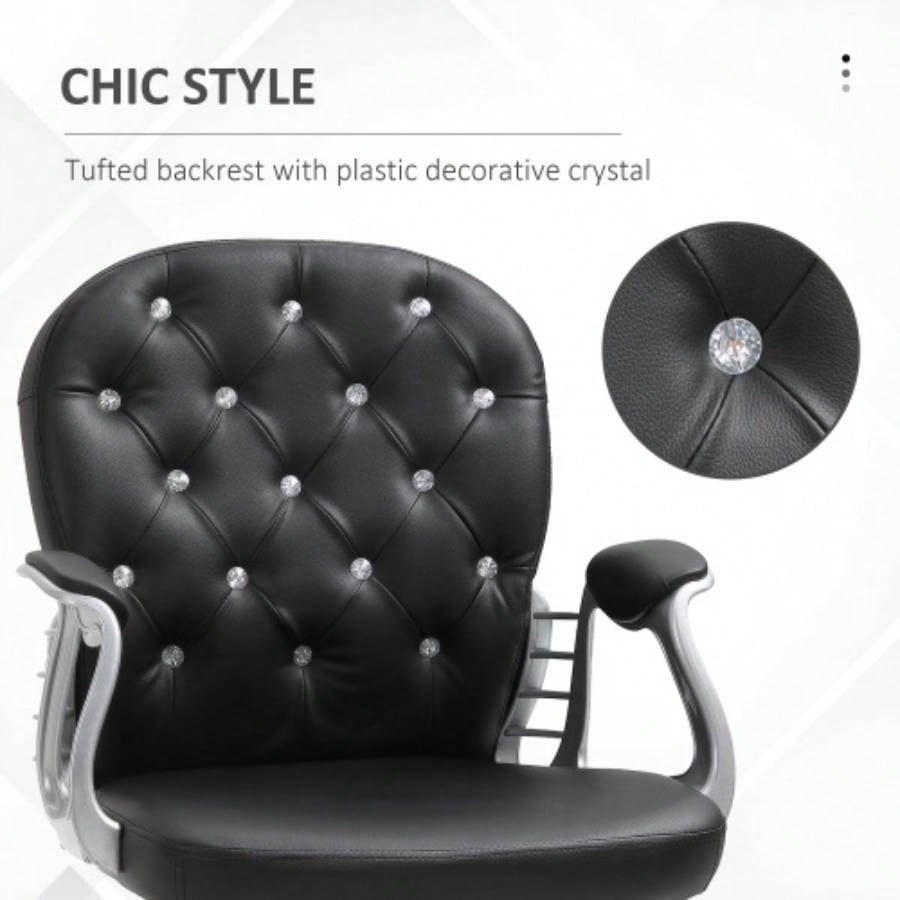 Vinsetto PU Leather Home Office Chair, Button Tufted Desk Chair with Padded Armrests, Adjustable Height and Swivel Wheels, Black