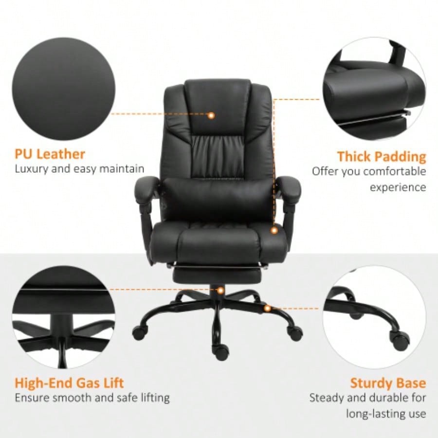 Vinsetto High Back Massage Office Chair with 6 Vibration Points, PU Leather Reclining Computer Chair, Ergonomic Office Chair with Footrest Adjustable Height and Remote, Black