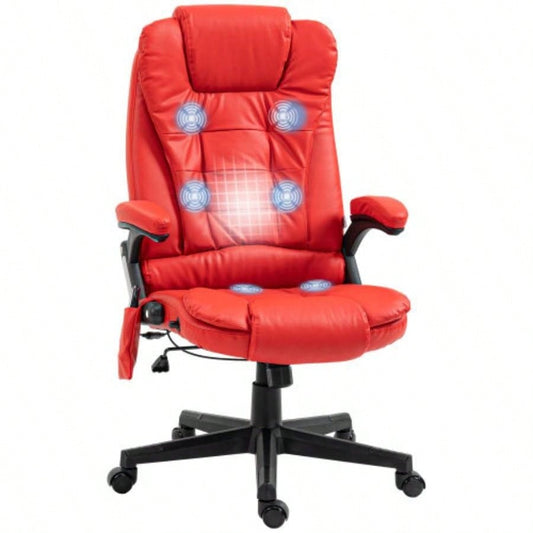 HOMCOM High Back Vibration Massage Office Chair with 6 Vibration Points, Heated Reclining PU Leather Computer Chair with Armrest and Remote, Red