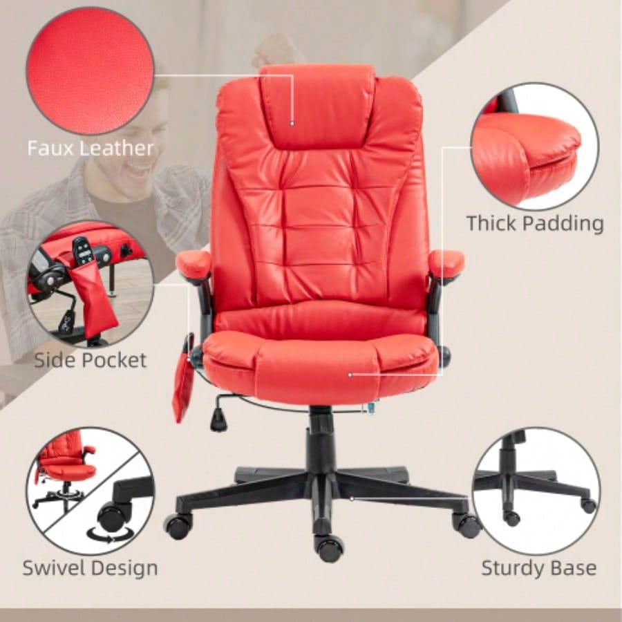 HOMCOM High Back Vibration Massage Office Chair with 6 Vibration Points, Heated Reclining PU Leather Computer Chair with Armrest and Remote, Red