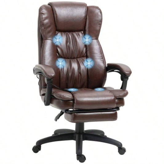High Back Massage Office Chair with 6 - Point Vibration, 5 Modes, Executive Chair, PU Leather Swivel Chair with Reclining Back, and Retractable Footrest, Brown