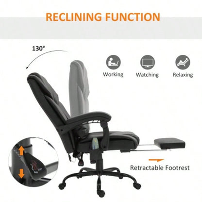 Vinsetto High Back Massage Office Chair with 6 Vibration Points, PU Leather Reclining Computer Chair, Ergonomic Office Chair with Footrest Adjustable Height and Remote, Black