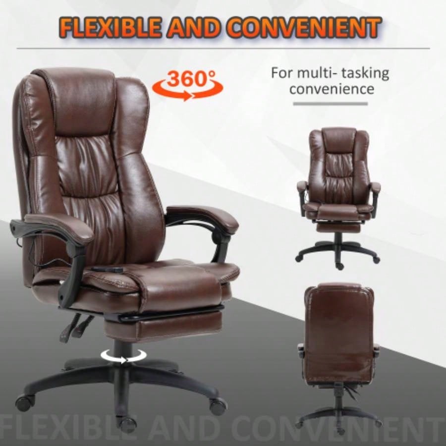High Back Massage Office Chair with 6 - Point Vibration, 5 Modes, Executive Chair, PU Leather Swivel Chair with Reclining Back, and Retractable Footrest, Brown