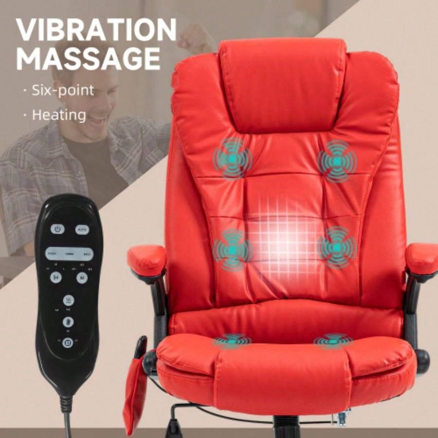 HOMCOM High Back Vibration Massage Office Chair with 6 Vibration Points, Heated Reclining PU Leather Computer Chair with Armrest and Remote, Red