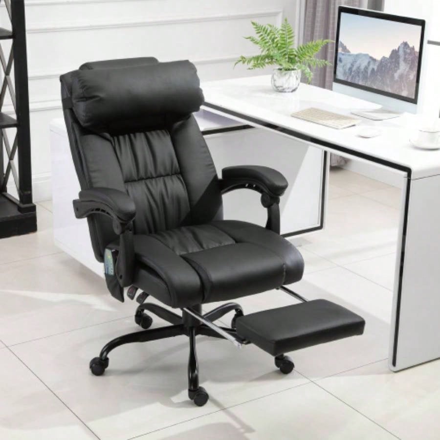 Vinsetto High Back Massage Office Chair with 6 Vibration Points, PU Leather Reclining Computer Chair, Ergonomic Office Chair with Footrest Adjustable Height and Remote, Black