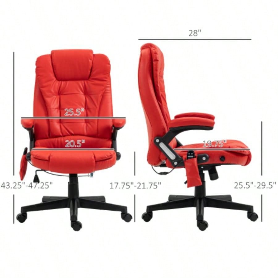 HOMCOM High Back Vibration Massage Office Chair with 6 Vibration Points, Heated Reclining PU Leather Computer Chair with Armrest and Remote, Red
