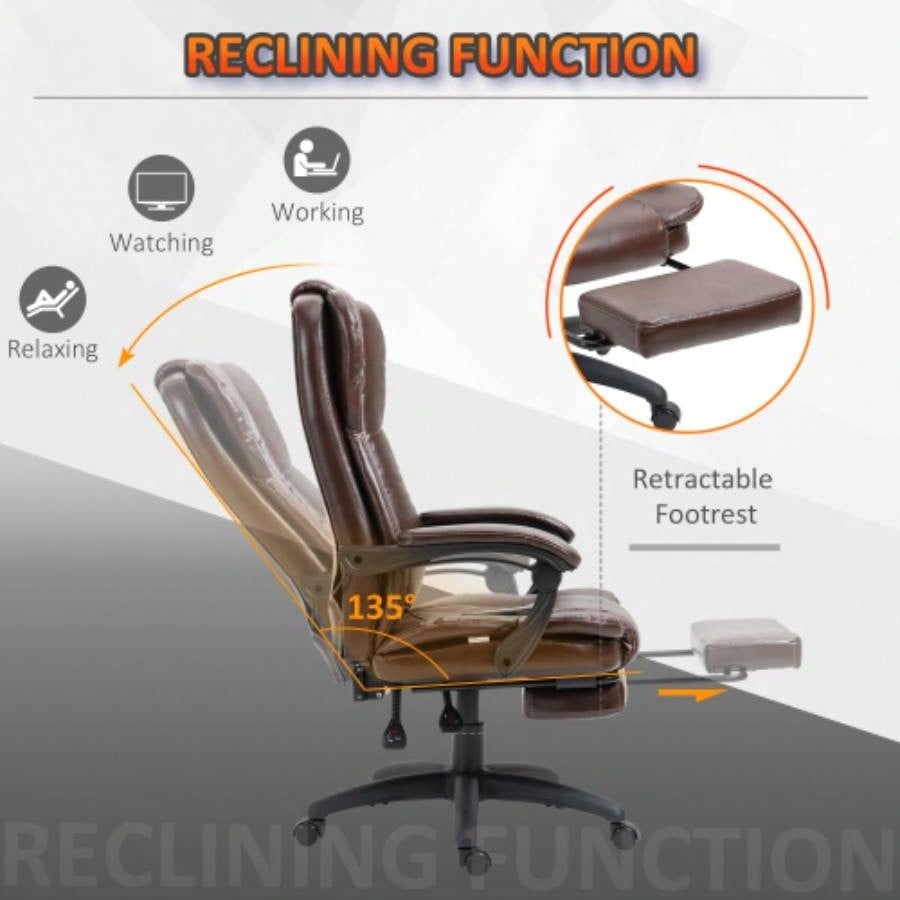 High Back Massage Office Chair with 6 - Point Vibration, 5 Modes, Executive Chair, PU Leather Swivel Chair with Reclining Back, and Retractable Footrest, Brown