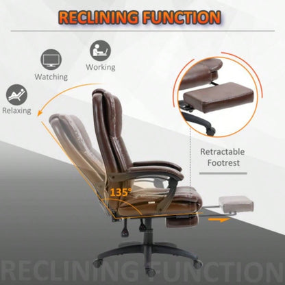 High Back Massage Office Chair with 6 - Point Vibration, 5 Modes, Executive Chair, PU Leather Swivel Chair with Reclining Back, and Retractable Footrest, Brown