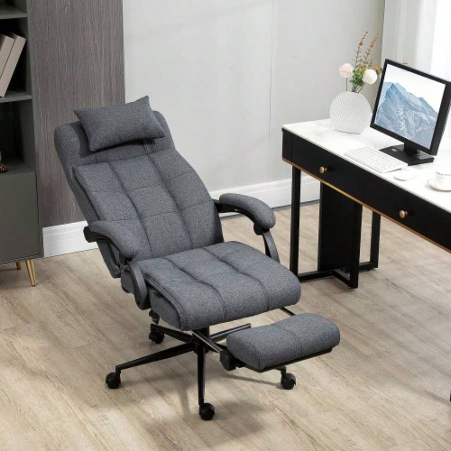 Executive Linen - Feel Fabric Office Chair High Back Swivel Task Chair with Adjustable Height Upholstered Retractable Footrest, Headrest and Padded Armrest, Dark