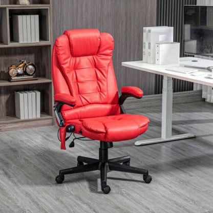HOMCOM High Back Vibration Massage Office Chair with 6 Vibration Points, Heated Reclining PU Leather Computer Chair with Armrest and Remote, Red