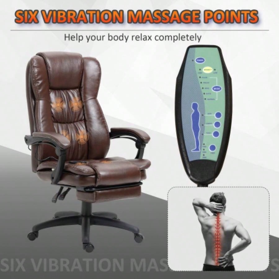 High Back Massage Office Chair with 6 - Point Vibration, 5 Modes, Executive Chair, PU Leather Swivel Chair with Reclining Back, and Retractable Footrest, Brown