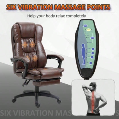 High Back Massage Office Chair with 6 - Point Vibration, 5 Modes, Executive Chair, PU Leather Swivel Chair with Reclining Back, and Retractable Footrest, Brown