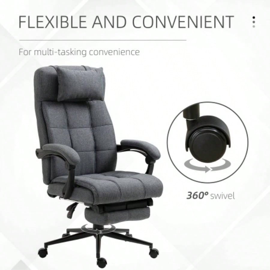 Executive Linen - Feel Fabric Office Chair High Back Swivel Task Chair with Adjustable Height Upholstered Retractable Footrest, Headrest and Padded Armrest, Dark