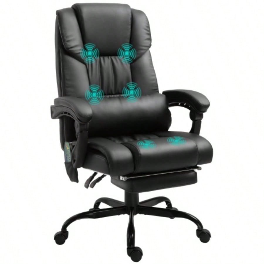 Vinsetto High Back Massage Office Chair with 6 Vibration Points, PU Leather Reclining Computer Chair, Ergonomic Office Chair with Footrest Adjustable Height and Remote, Black
