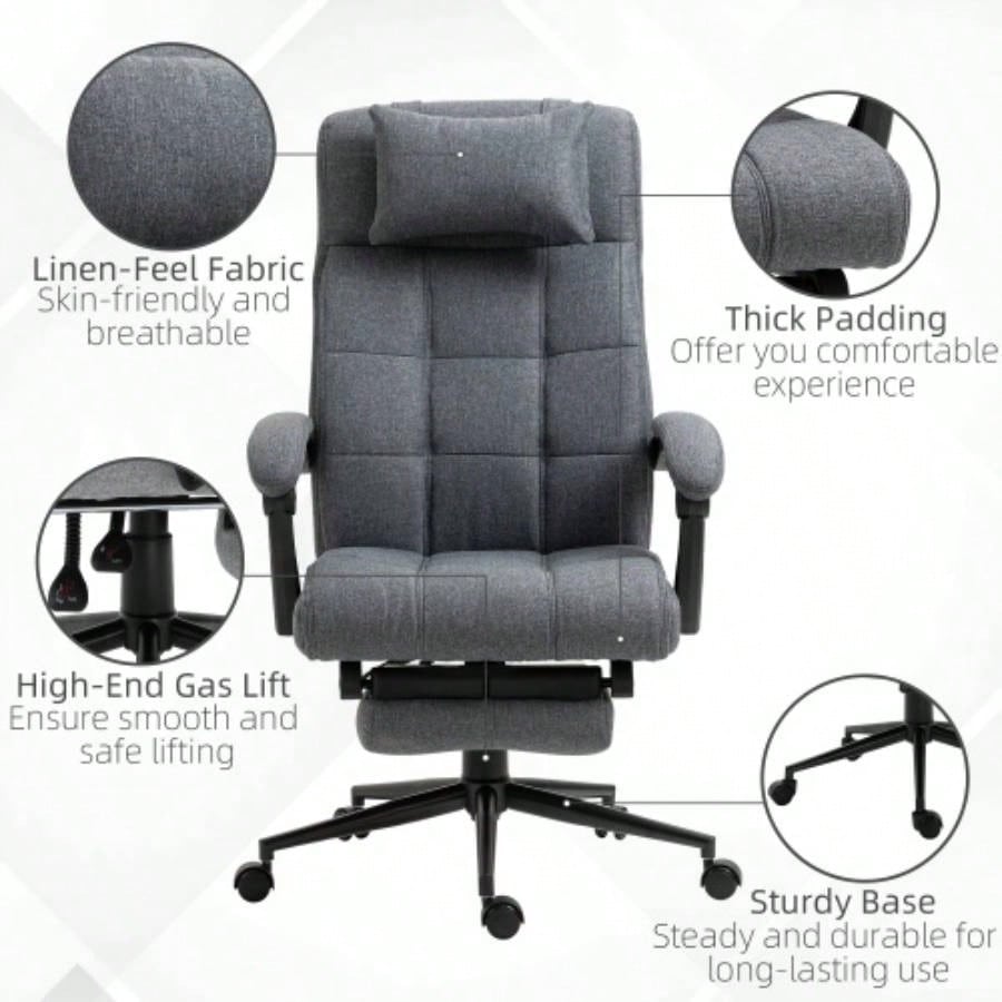 Executive Linen - Feel Fabric Office Chair High Back Swivel Task Chair with Adjustable Height Upholstered Retractable Footrest, Headrest and Padded Armrest, Dark