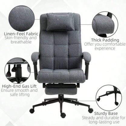 Executive Linen - Feel Fabric Office Chair High Back Swivel Task Chair with Adjustable Height Upholstered Retractable Footrest, Headrest and Padded Armrest, Dark