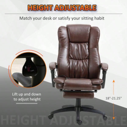 High Back Massage Office Chair with 6 - Point Vibration, 5 Modes, Executive Chair, PU Leather Swivel Chair with Reclining Back, and Retractable Footrest, Brown