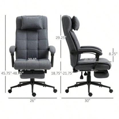 Executive Linen - Feel Fabric Office Chair High Back Swivel Task Chair with Adjustable Height Upholstered Retractable Footrest, Headrest and Padded Armrest, Dark