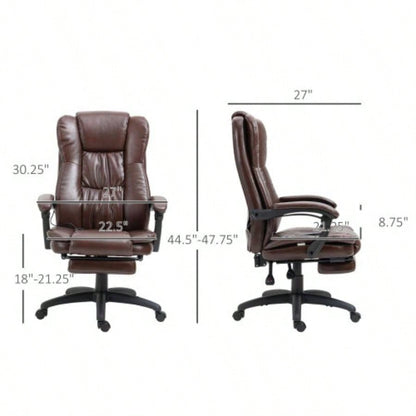 High Back Massage Office Chair with 6 - Point Vibration, 5 Modes, Executive Chair, PU Leather Swivel Chair with Reclining Back, and Retractable Footrest, Brown