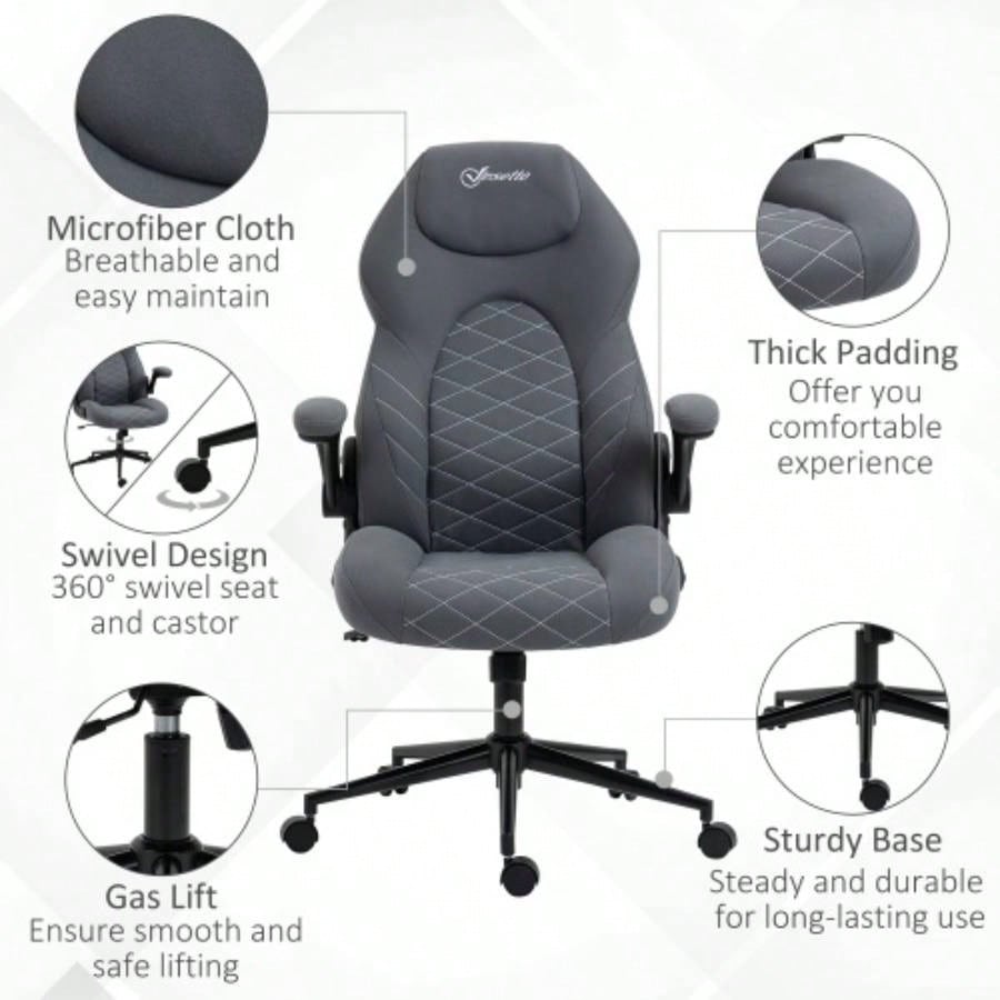 Vinsetto High Back Office Chair with Flip Up Armrests, Swivel Computer Chair with Adjustable Height and Tilt Function, Dark Gray
