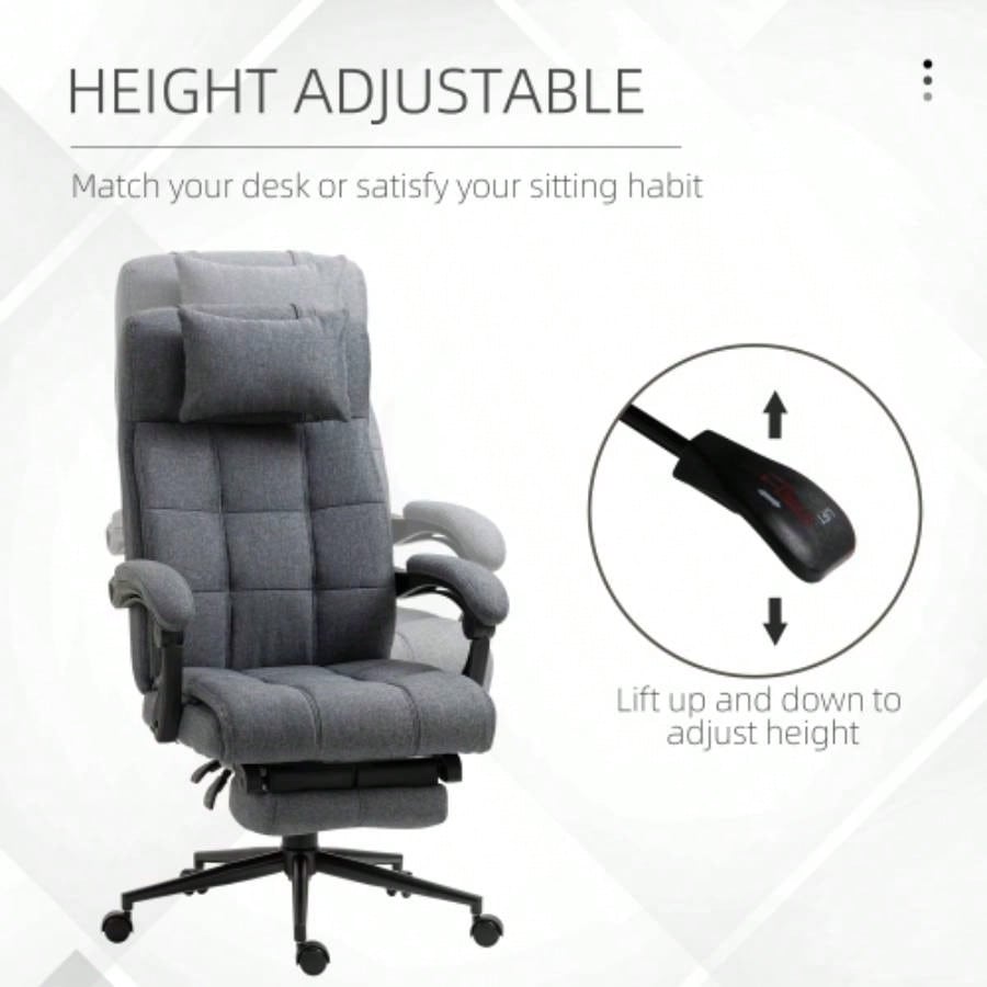 Executive Linen - Feel Fabric Office Chair High Back Swivel Task Chair with Adjustable Height Upholstered Retractable Footrest, Headrest and Padded Armrest, Dark