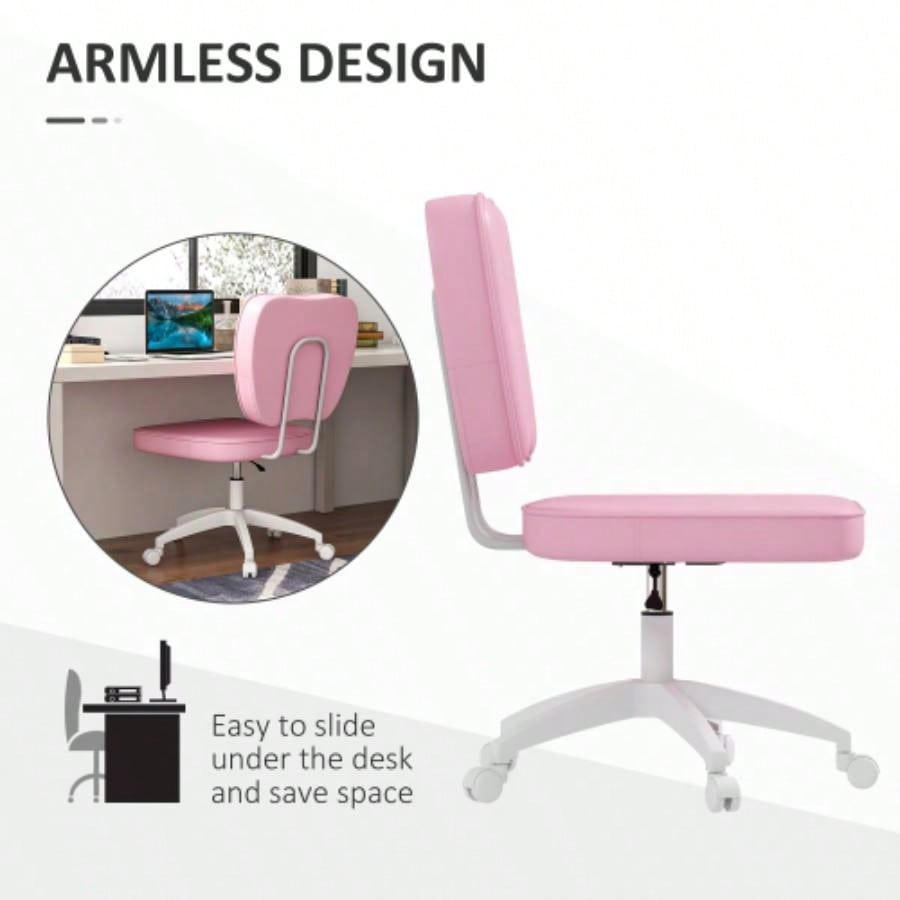 Vinsetto Cute Armless Office Chair, Small PU Leather Computer Desk Chair, Vanity Task Chair with Adjustable Height, Swivel Wheels, Mid Back, Pink