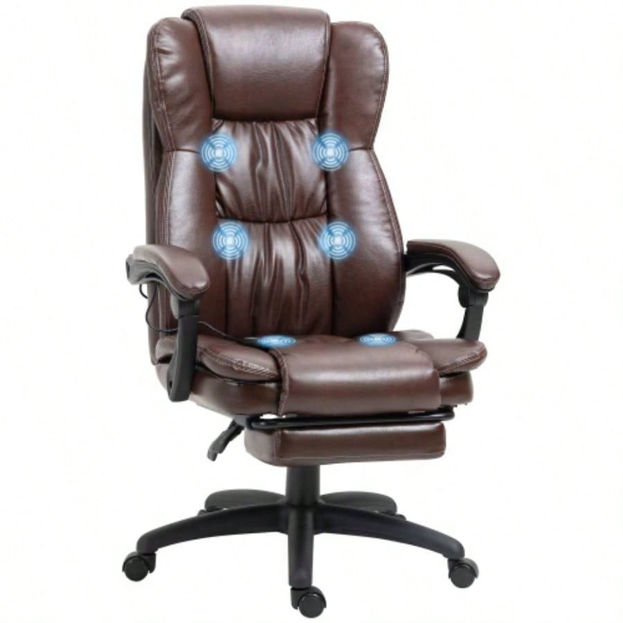 High Back Massage Office Chair with 6 - Point Vibration, 5 Modes, Executive Chair, PU Leather Swivel Chair with Reclining Back, and Retractable Footrest, Brown