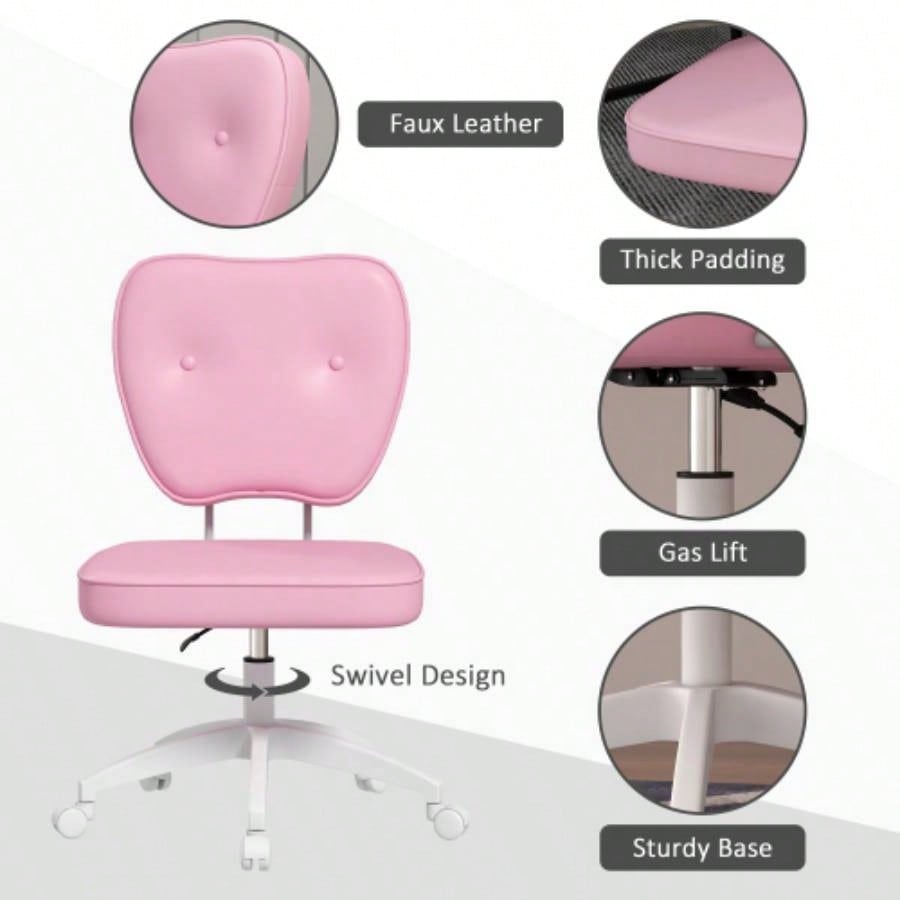 Vinsetto Cute Armless Office Chair, Small PU Leather Computer Desk Chair, Vanity Task Chair with Adjustable Height, Swivel Wheels, Mid Back, Pink