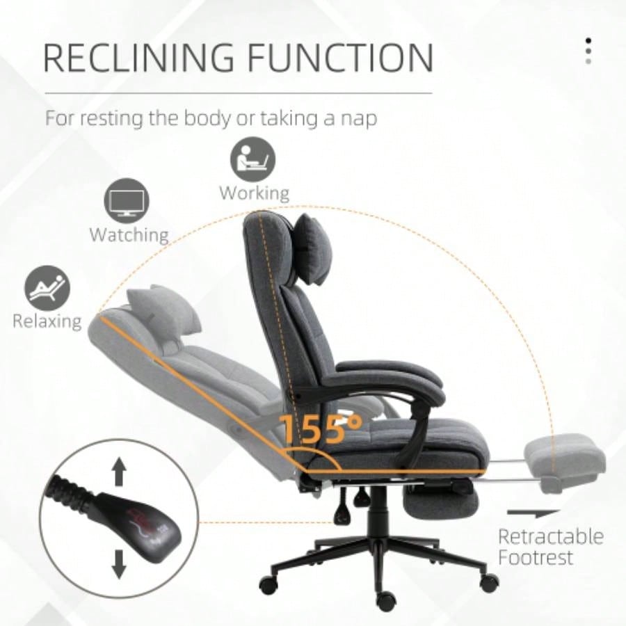 Executive Linen - Feel Fabric Office Chair High Back Swivel Task Chair with Adjustable Height Upholstered Retractable Footrest, Headrest and Padded Armrest, Dark
