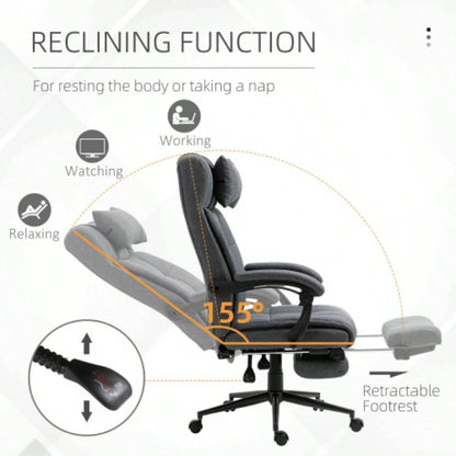 Executive Linen - Feel Fabric Office Chair High Back Swivel Task Chair with Adjustable Height Upholstered Retractable Footrest, Headrest and Padded Armrest, Dark