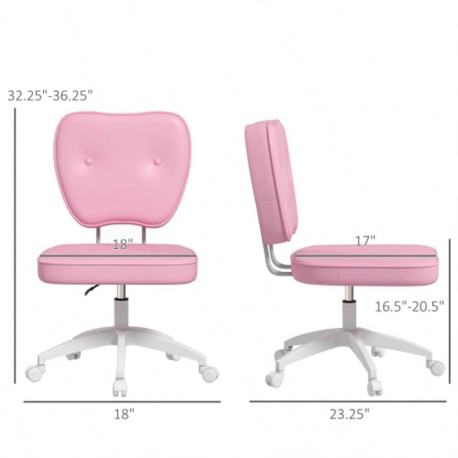 Vinsetto Cute Armless Office Chair, Small PU Leather Computer Desk Chair, Vanity Task Chair with Adjustable Height, Swivel Wheels, Mid Back, Pink