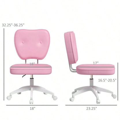 Vinsetto Cute Armless Office Chair, Small PU Leather Computer Desk Chair, Vanity Task Chair with Adjustable Height, Swivel Wheels, Mid Back, Pink