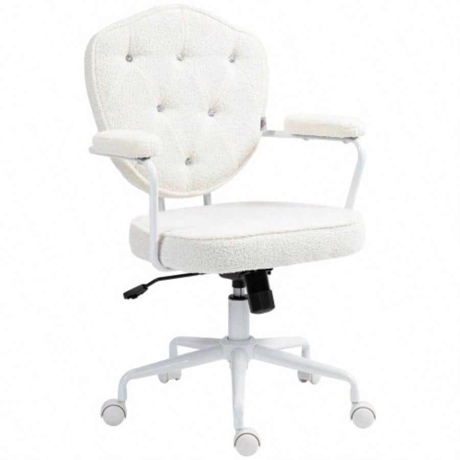 HOMCOM Cute Home Office Chair, Computer Desk Chair with Button Tufted Teddy Bear Fleece, Swivel Vanity Chair, White