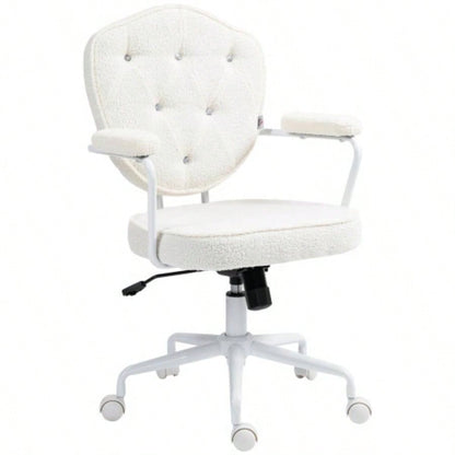 HOMCOM Cute Home Office Chair, Computer Desk Chair with Button Tufted Teddy Bear Fleece, Swivel Vanity Chair, White