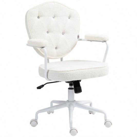 HOMCOM Cute Home Office Chair, Computer Desk Chair with Button Tufted Teddy Bear Fleece, Swivel Vanity Chair, White