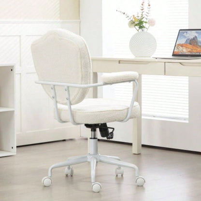 HOMCOM Cute Home Office Chair, Computer Desk Chair with Button Tufted Teddy Bear Fleece, Swivel Vanity Chair, White