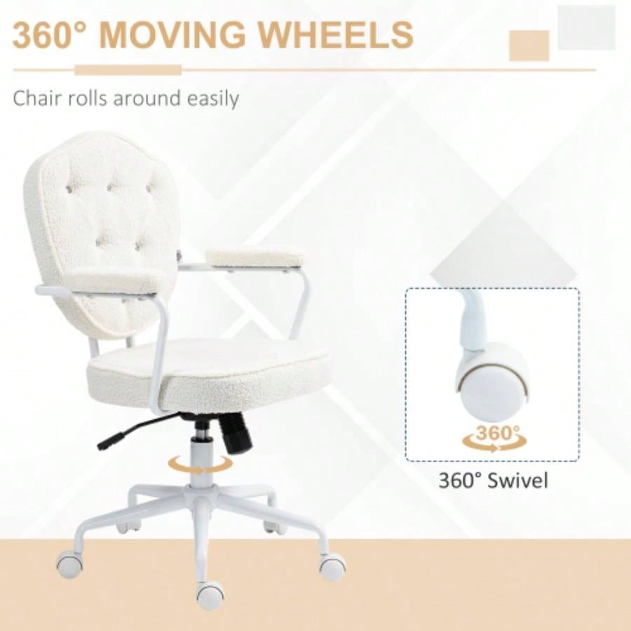 HOMCOM Cute Home Office Chair, Computer Desk Chair with Button Tufted Teddy Bear Fleece, Swivel Vanity Chair, White