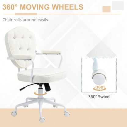 HOMCOM Cute Home Office Chair, Computer Desk Chair with Button Tufted Teddy Bear Fleece, Swivel Vanity Chair, White