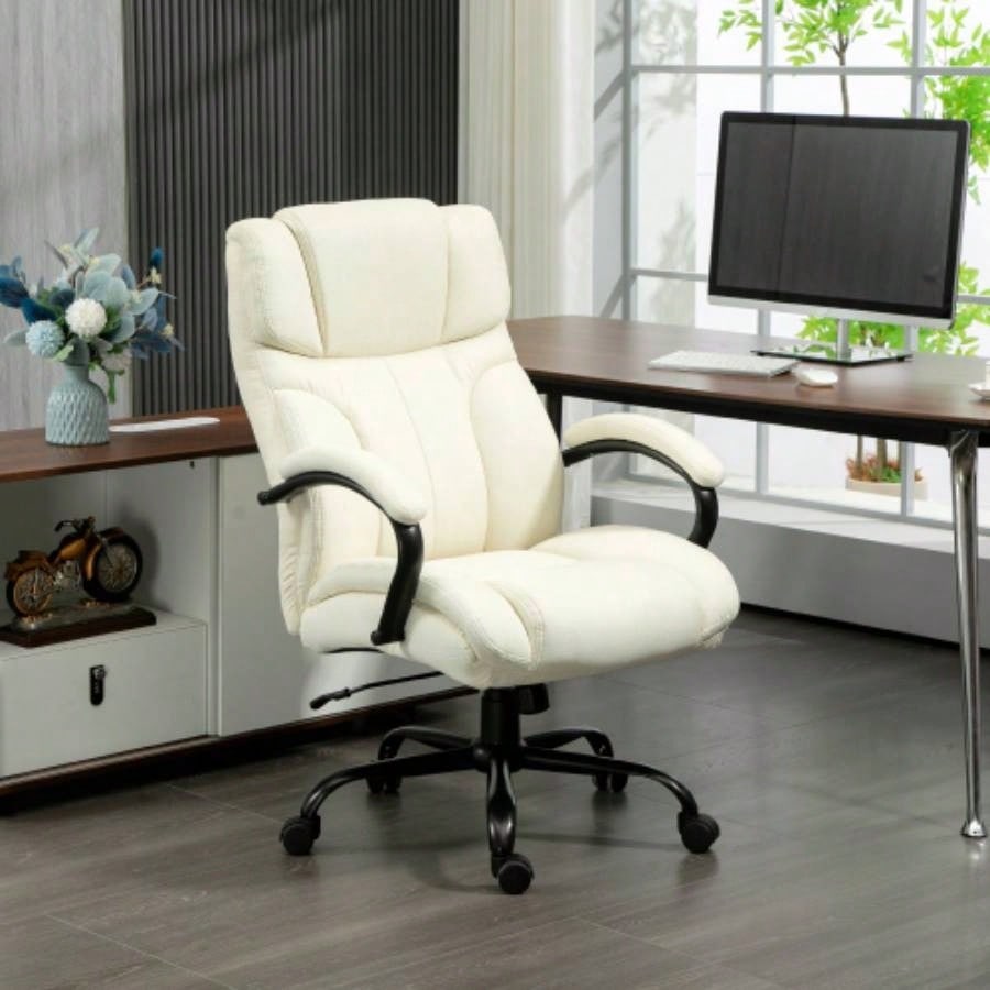 Vinsetto 500lbs Big and Tall Office Chair with Wide, Executive Computer Chair with Adjustable Height, Swivel Wheels and Linen, White