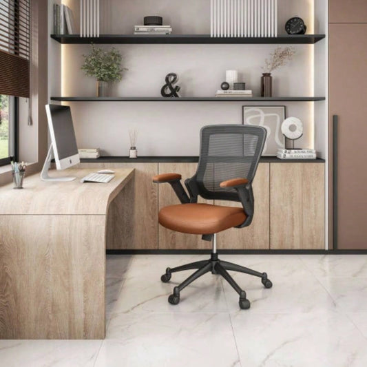 Techni Mobili Mid - Back Mesh Task Office Chair with Height Adjustable Arms, Brown