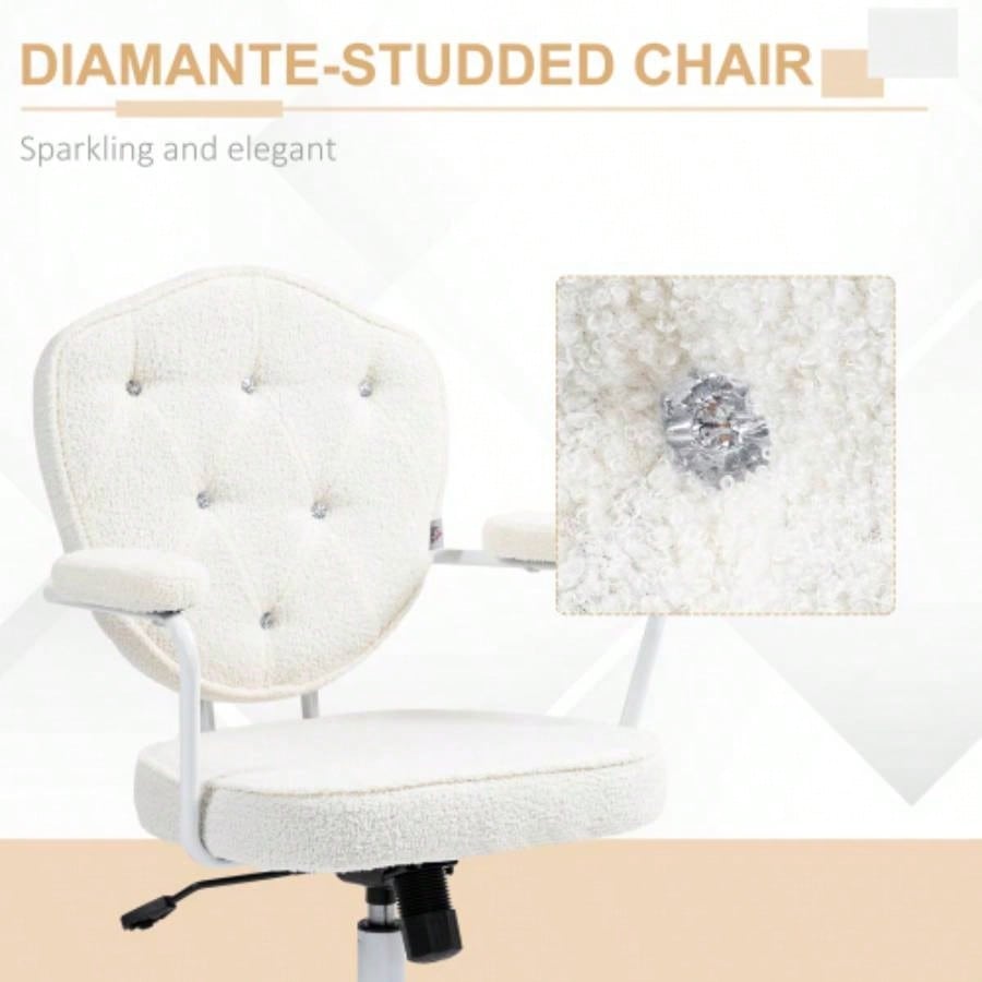 HOMCOM Cute Home Office Chair, Computer Desk Chair with Button Tufted Teddy Bear Fleece, Swivel Vanity Chair, White