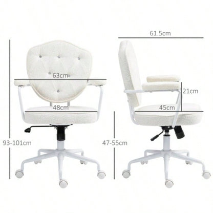 HOMCOM Cute Home Office Chair, Computer Desk Chair with Button Tufted Teddy Bear Fleece, Swivel Vanity Chair, White